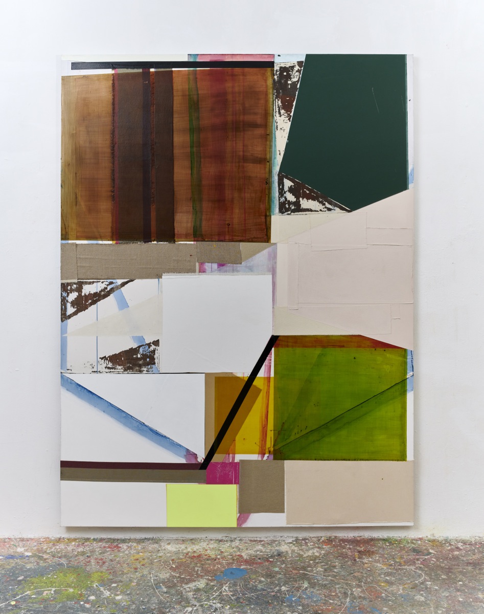 "History of Doing", 260x195 cm, Acrylfarbe, Tusche, div. Stoffe, Leinwand, 2019