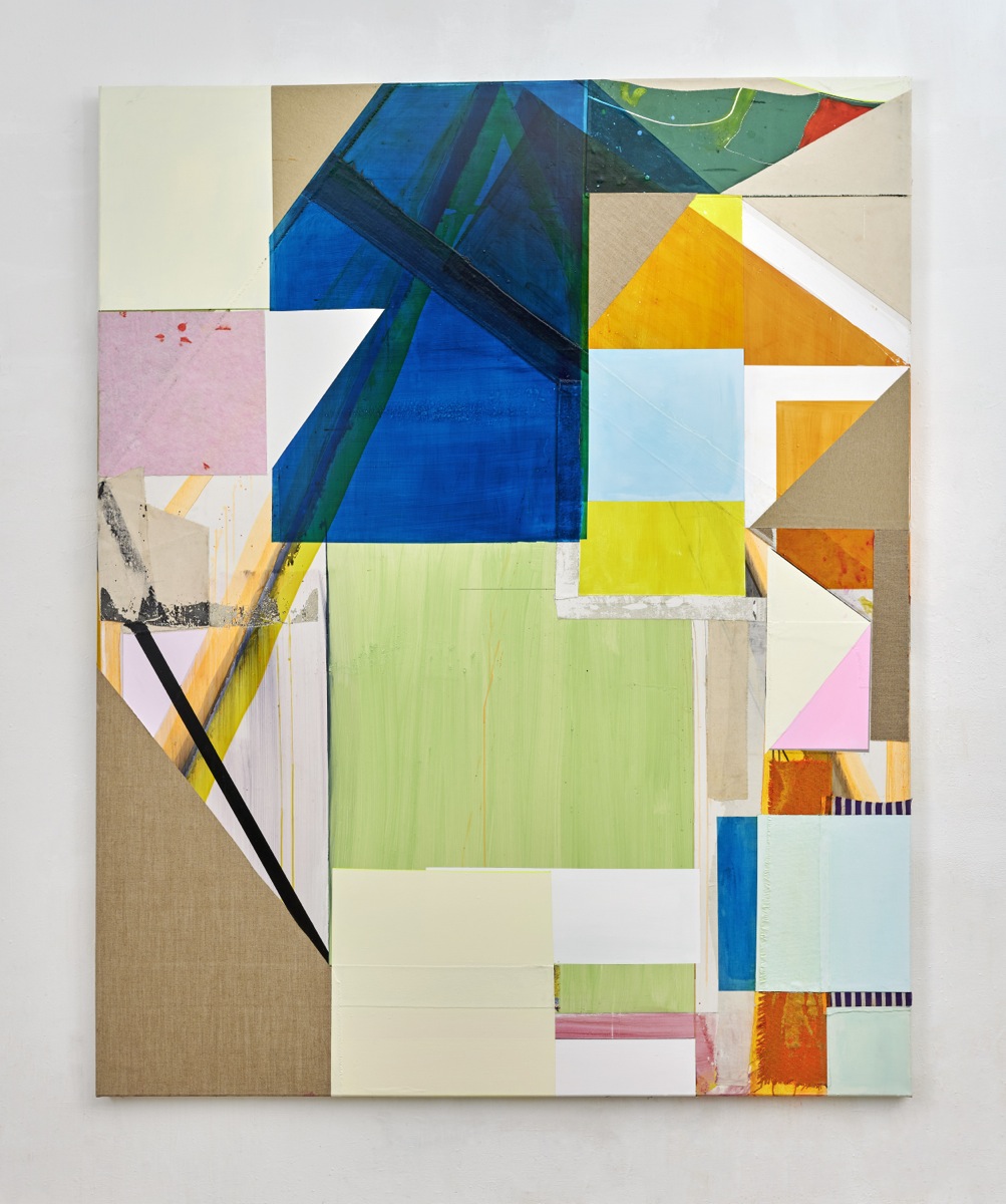 "Schiefes Bild", 228x184 cm, Acrylfarbe, div.Stoffe, Leinwand, 2019